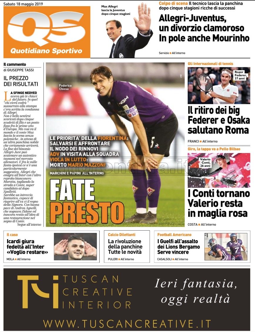 Quotidiani: la prima pagina di Qs, Stadio, Gazzetta, Corriere dello Sport, Tuttosport