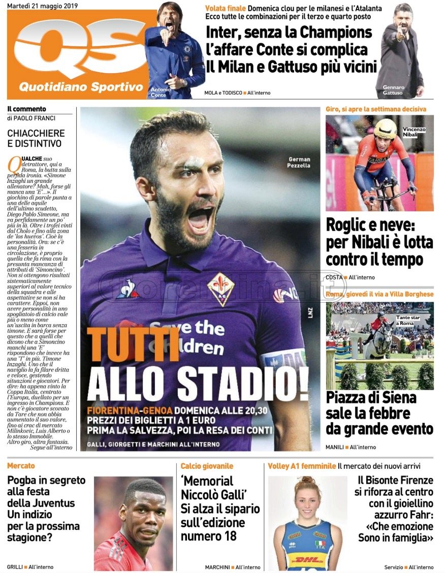 Quotidiani: la prima pagina di Qs, Stadio, Gazzetta, Corriere dello Sport, Tuttosport