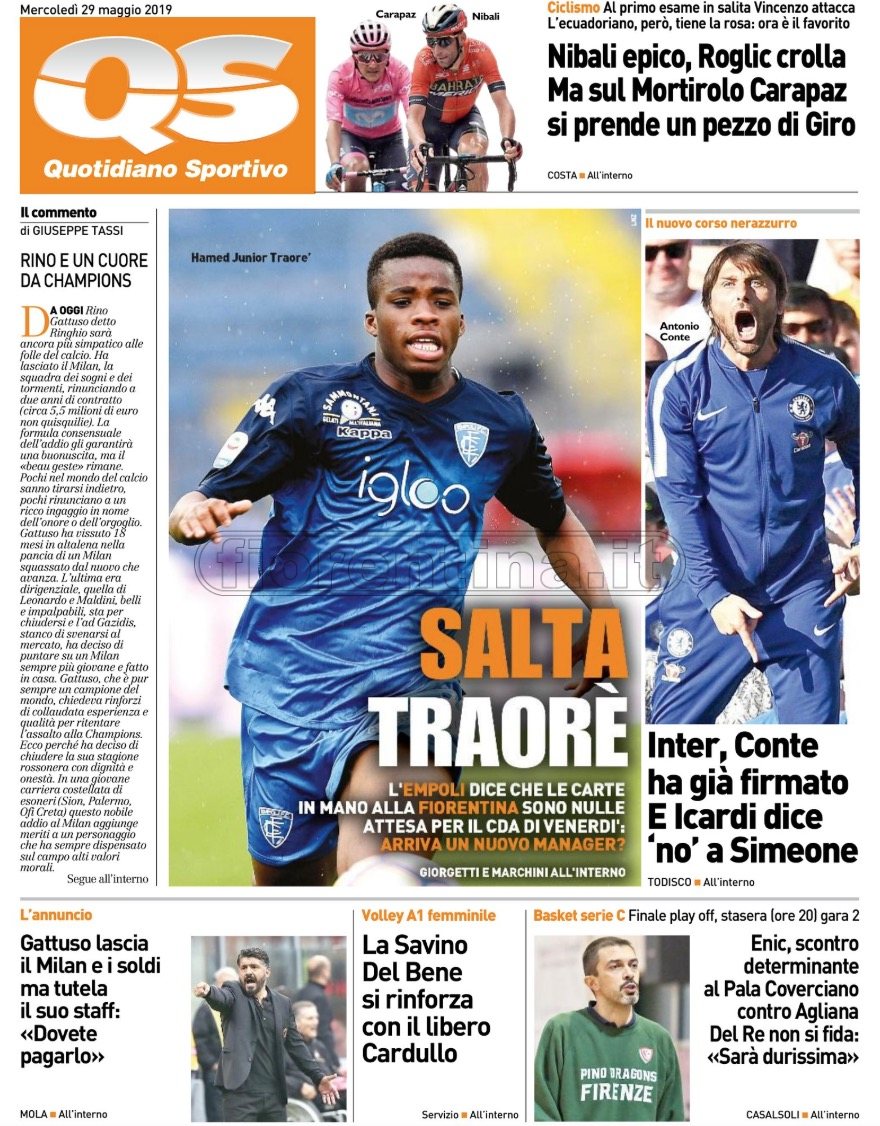 Quotidiani: la prima pagina di Qs, Stadio, Gazzetta, Corriere dello Sport, Tuttosport
