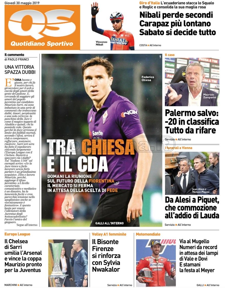 Quotidiani: la prima pagina di Qs, Stadio, Gazzetta, Corriere dello Sport, Tuttosport