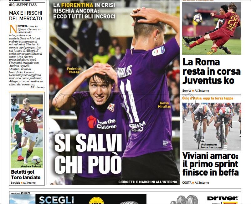 Quotidiani: la prima pagina di Qs, Stadio, Gazzetta, Corriere dello Sport, Tuttosport