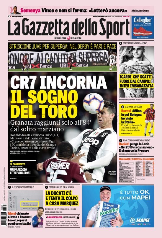 Quotidiani: la prima pagina di Qs, Stadio, Gazzetta, Corriere dello Sport, Tuttosport