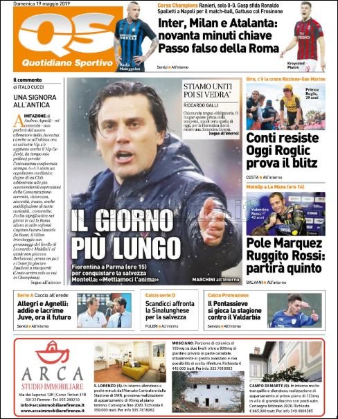 Quotidiani: la prima pagina di Qs, Stadio, Gazzetta, Corriere dello Sport, Tuttosport