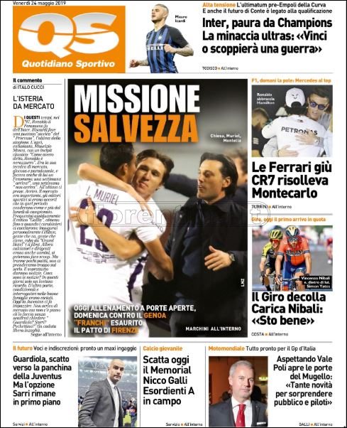 Quotidiani: la prima pagina di Qs, Stadio, Gazzetta, Corriere dello Sport, Tuttosport