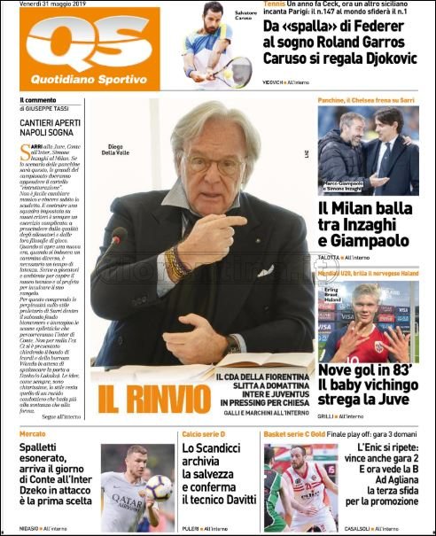 Quotidiani: la prima pagina di Qs, Stadio, Gazzetta, Corriere dello Sport, Tuttosport