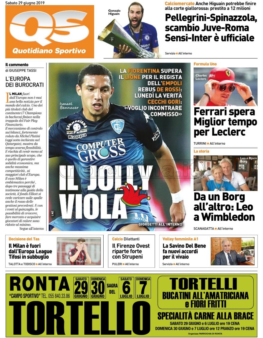 Quotidiani: la prima pagina di Qs, Stadio, Gazzetta, Corriere dello Sport, Tuttosport