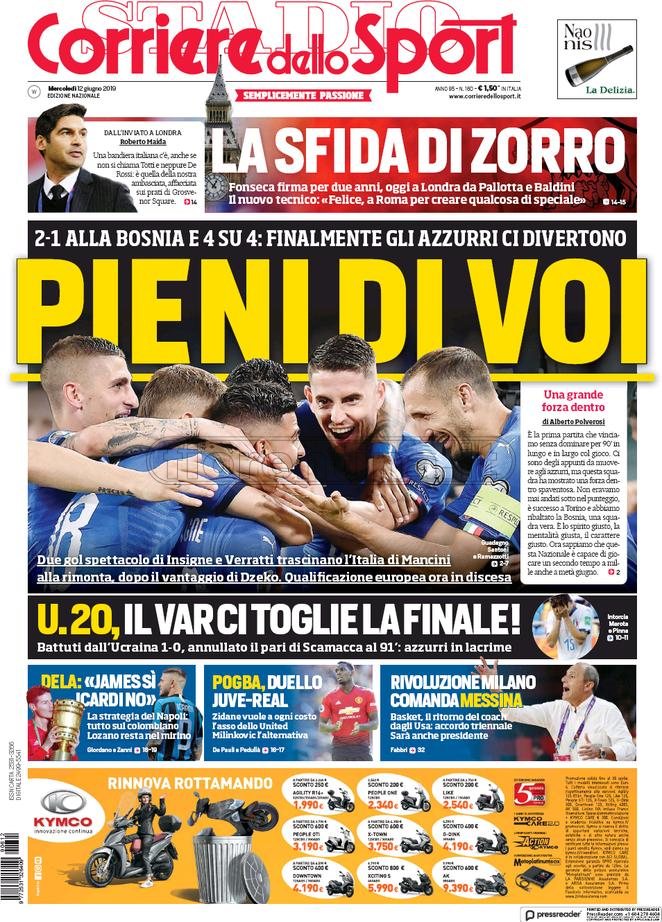 Quotidiani: la prima pagina di Qs, Stadio, Gazzetta, Corriere dello Sport, Tuttosport