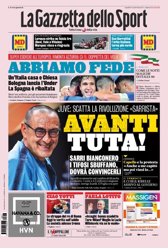 Quotidiani: la prima pagina di Qs, Stadio, Gazzetta, Corriere dello Sport, Tuttosport
