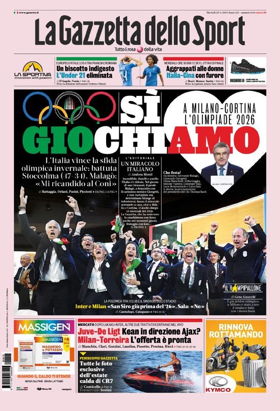 Quotidiani: la prima pagina di Qs, Stadio, Gazzetta, Corriere dello Sport, Tuttosport