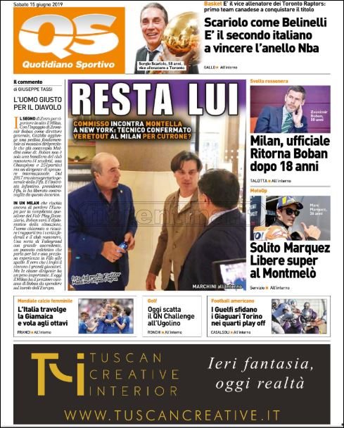 Quotidiani: la prima pagina di Qs, Stadio, Gazzetta, Corriere dello Sport, Tuttosport