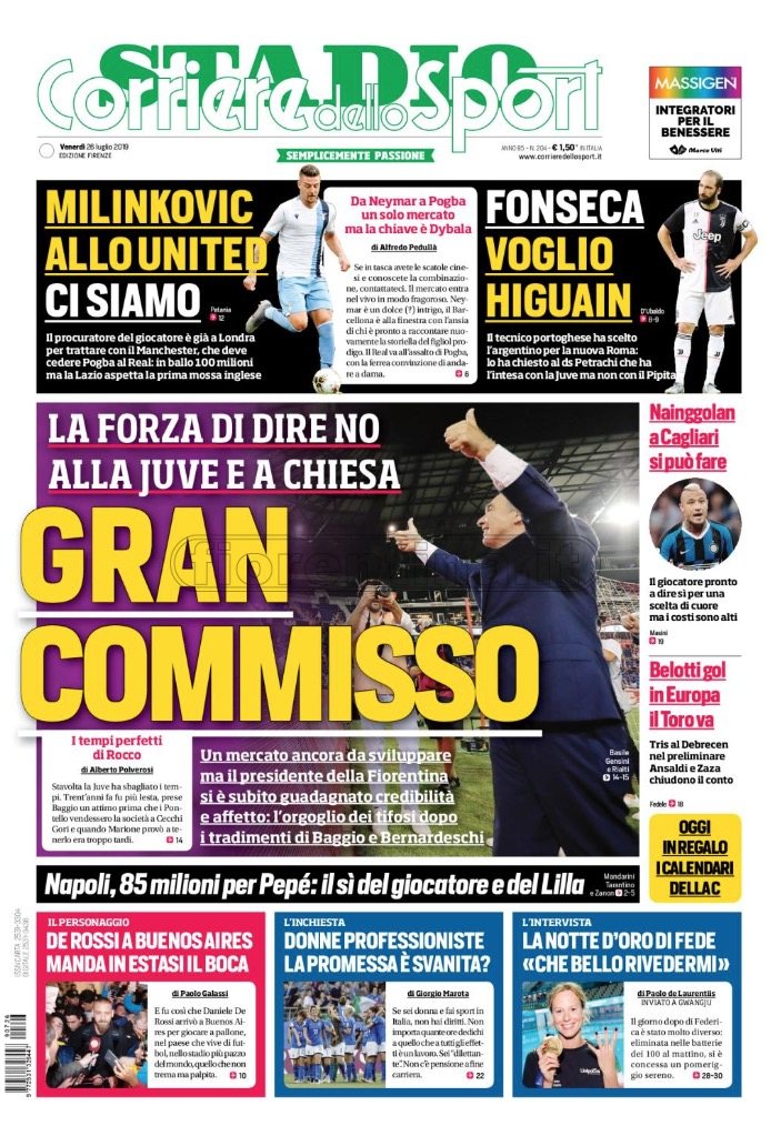 Quotidiani: la prima pagina di Qs, Stadio, Gazzetta, Corriere dello Sport, Tuttosport