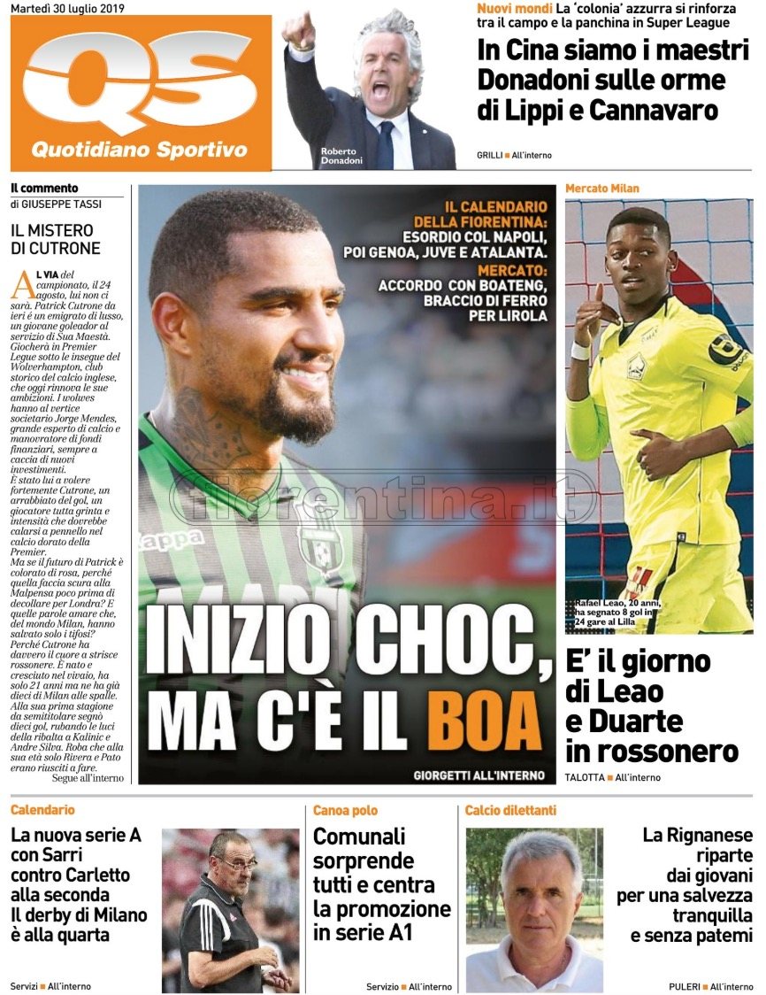 Quotidiani: la prima pagina di Qs, Stadio, Gazzetta, Corriere dello Sport, Tuttosport