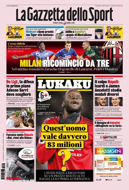 Quotidiani: la prima pagina di Qs, Stadio, Gazzetta, Corriere dello Sport, Tuttosport