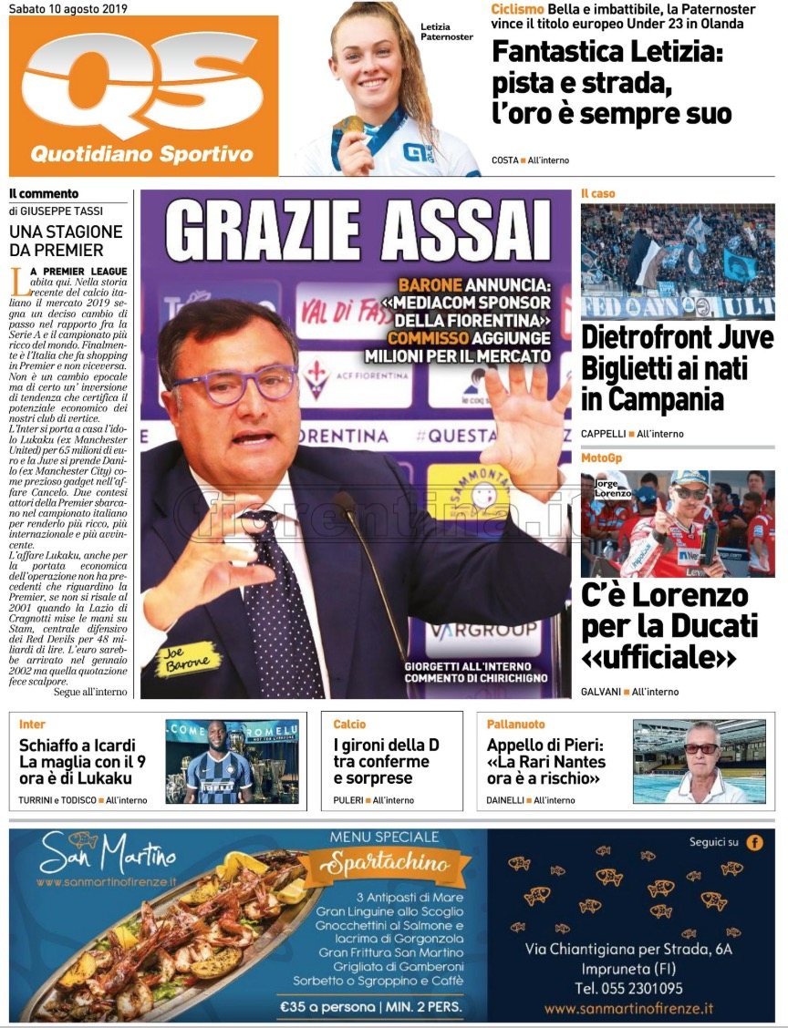 Quotidiani: la prima pagina di Qs, Stadio, Gazzetta, Corriere dello Sport, Tuttosport