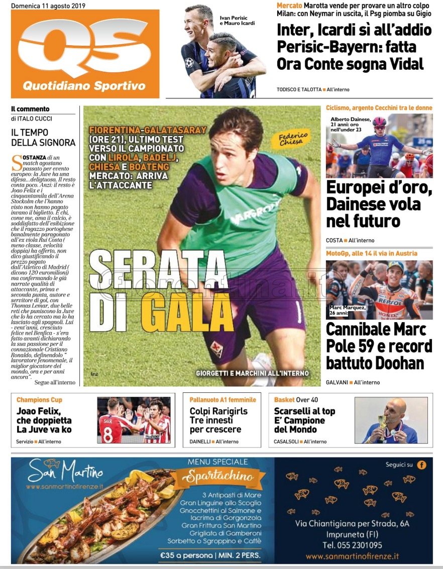 Quotidiani: la prima pagina di Qs, Stadio, Gazzetta, Corriere dello Sport, Tuttosport