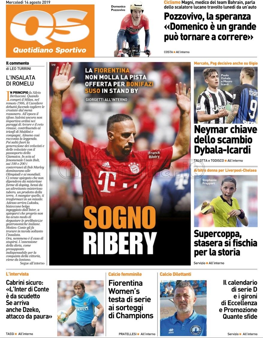 Quotidiani: la prima pagina di Qs, Stadio, Gazzetta, Corriere dello Sport, Tuttosport