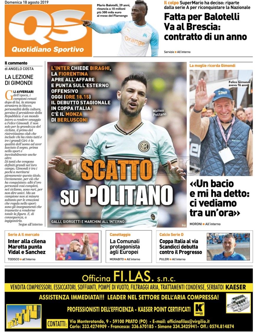 Quotidiani: la prima pagina di Qs, Stadio, Gazzetta, Corriere dello Sport, Tuttosport
