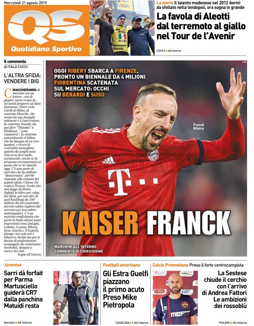 Quotidiani: la prima pagina di Qs, Stadio, Gazzetta, Corriere dello Sport, Tuttosport