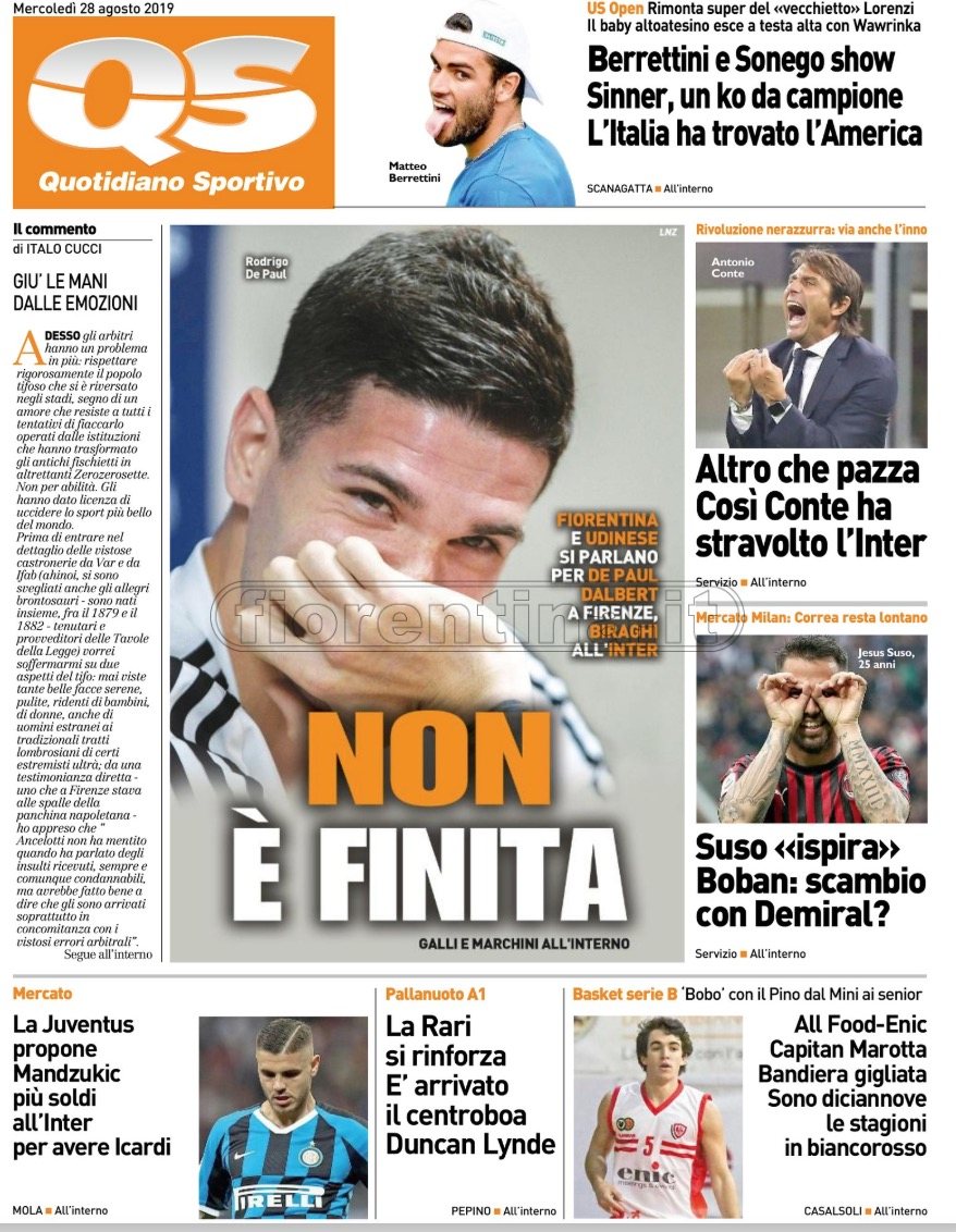Quotidiani: la prima pagina di Qs, Stadio, Gazzetta, Corriere dello Sport, Tuttosport