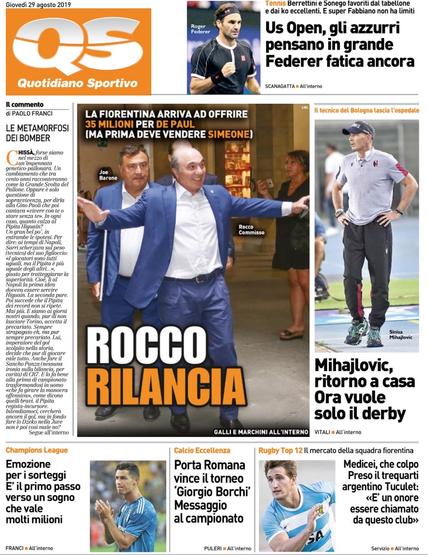 Quotidiani: le prime pagine di Qs, Stadio, Gazzetta, Corriere dello Sport, Tuttosport