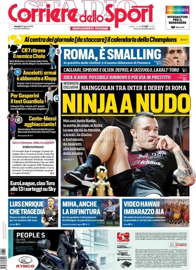 Quotidiani: la prima pagina di Qs, Stadio, Gazzetta, Corriere dello Sport, Tuttosport