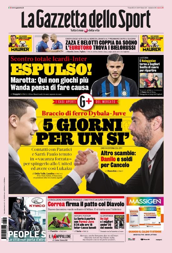 Quotidiani: la prima pagina di Qs, Stadio, Gazzetta, Corriere dello Sport, Tuttosport