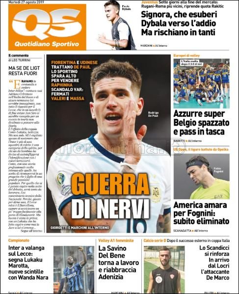 Quotidiani: la prima pagina di Qs, Stadio, Gazzetta, Corriere dello Sport, Tuttosport