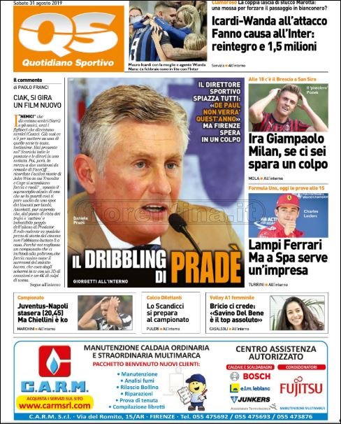 Quotidiani: la prima pagina di Qs, Stadio, Gazzetta, Corriere dello Sport, Tuttosport