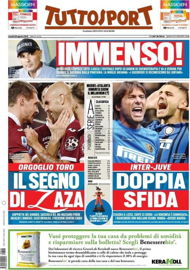 Quotidiani: la prima pagina di Qs, Stadio, Gazzetta, Corriere dello Sport, Tuttosport