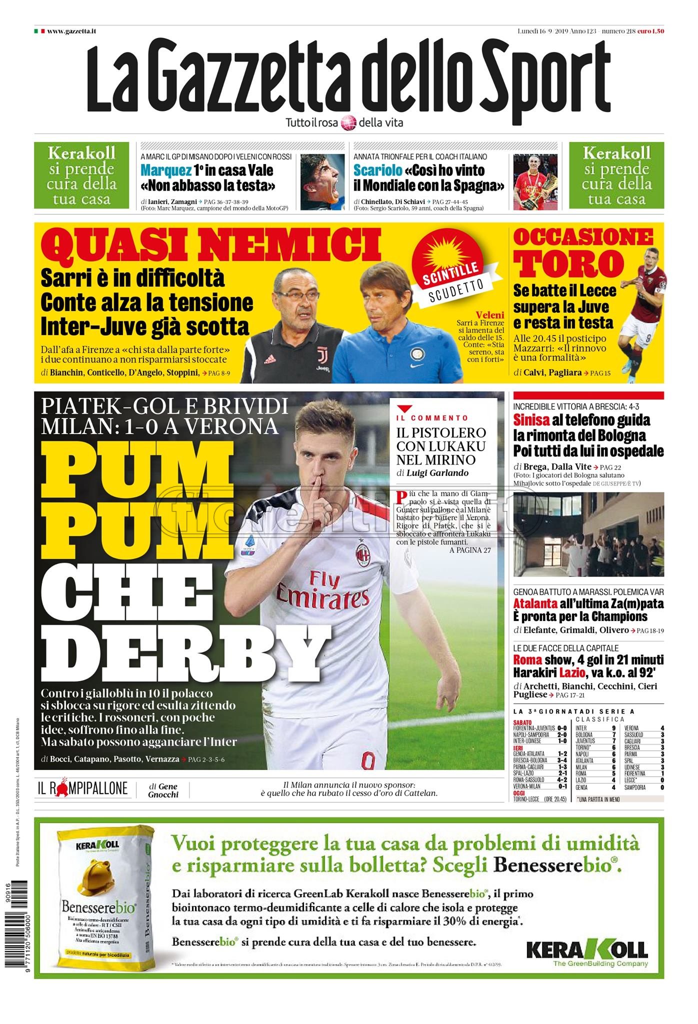 Quotidiani: la prima pagina di Qs, Stadio, Gazzetta, Corriere dello Sport, Tuttosport