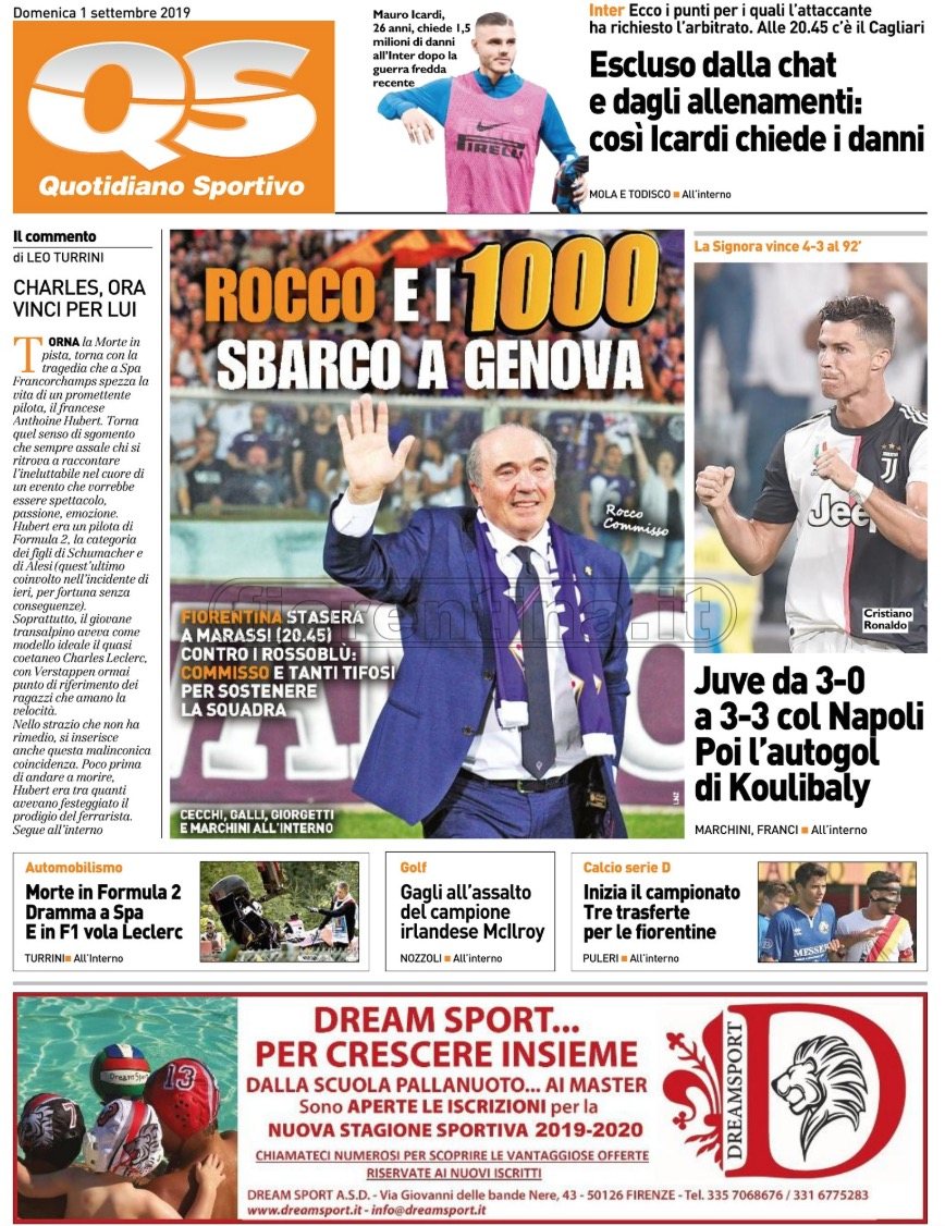 Quotidiani: la prima pagina di Qs, Stadio, Gazzetta, Corriere dello Sport, Tuttosport