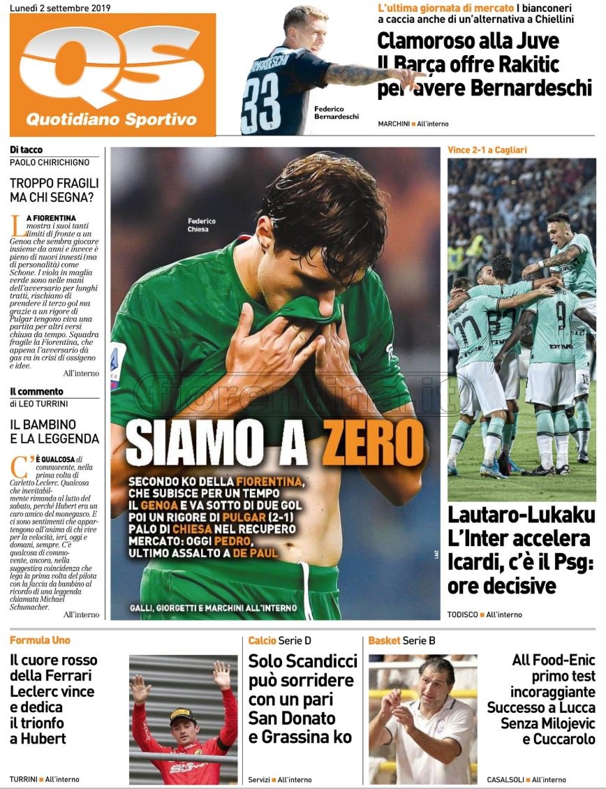 Quotidiani: la prima pagina di Qs, Stadio, Gazzetta, Corriere dello Sport, Tuttosport