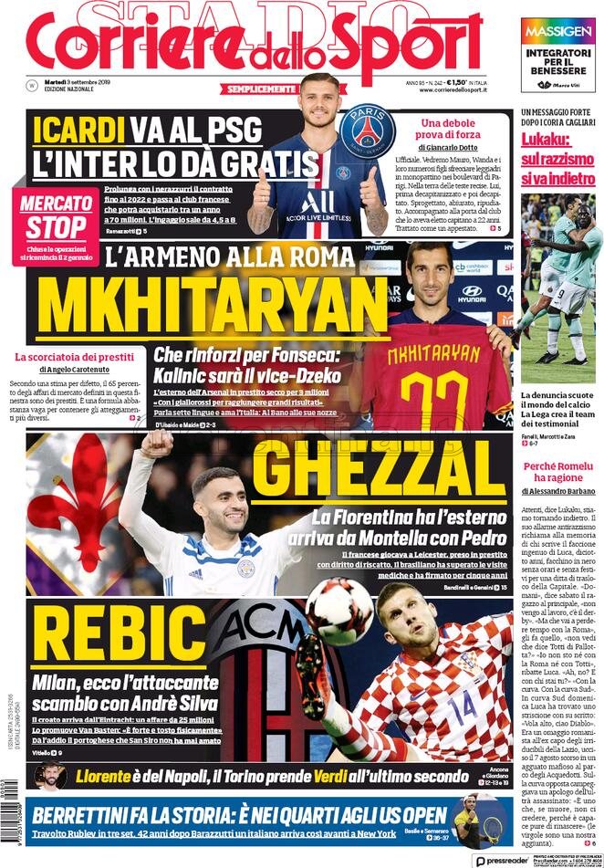 Quotidiani: la prima pagina di Qs, Stadio, Gazzetta, Corriere dello Sport, Tuttosport