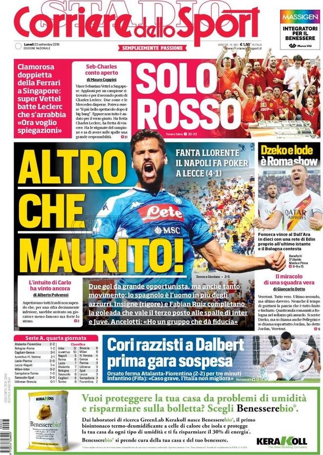 Quotidiani: la prima pagina di Qs, Stadio, Gazzetta, Corriere dello Sport, Tuttosport
