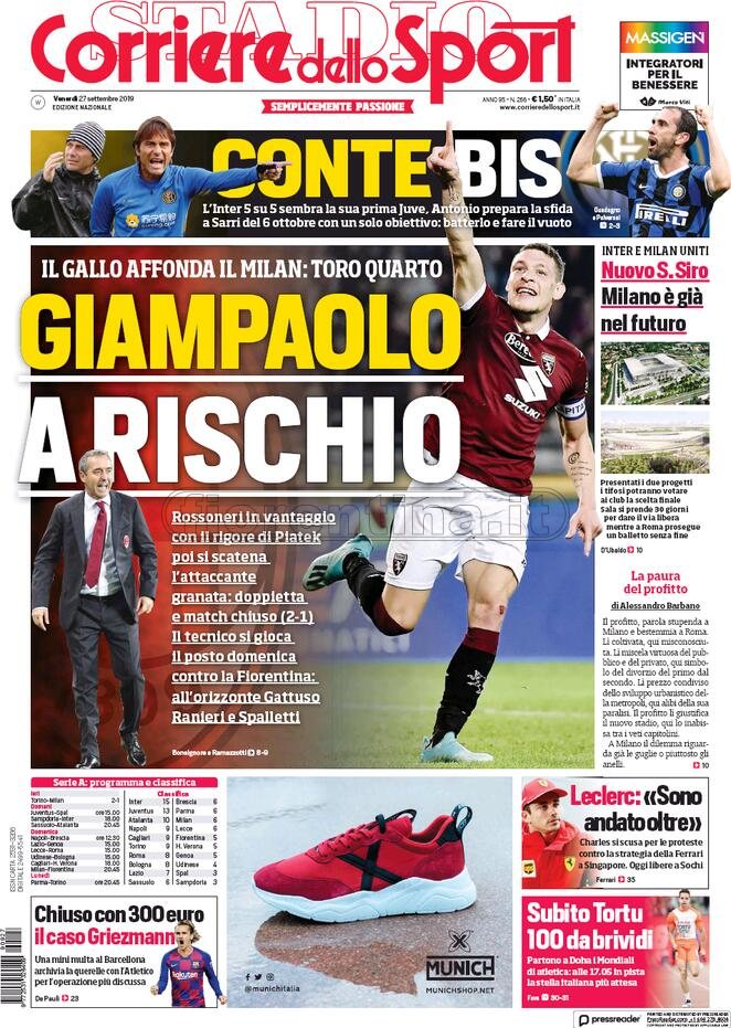 Quotidiani: la prima pagina di Qs, Stadio, Gazzetta, Corriere dello Sport, Tuttosport