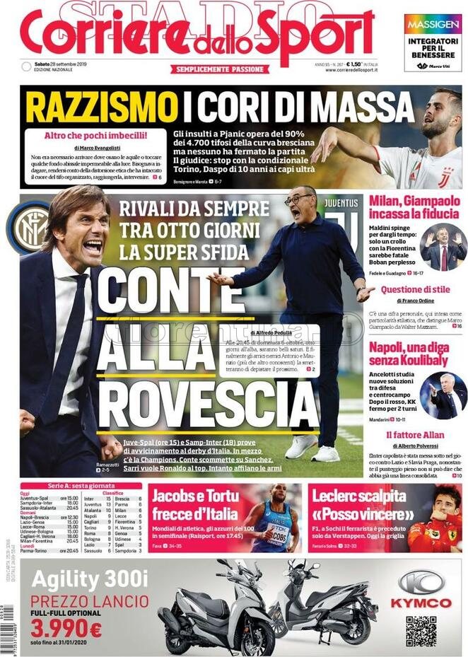 Quotidiani: la prima pagina di Qs, Stadio, Gazzetta, Corriere dello Sport, Tuttosport