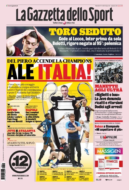 Quotidiani: la prima pagina di Qs, Stadio, Gazzetta, Corriere dello Sport, Tuttosport