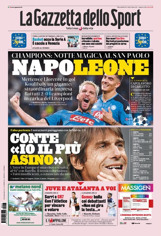Quotidiani: la prima pagina di Qs, Stadio, Gazzetta, Corriere dello Sport, Tuttosport
