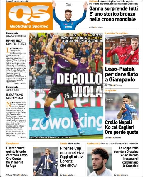 Quotidiani: la prima pagina di Qs, Stadio, Gazzetta, Corriere dello Sport, Tuttosport