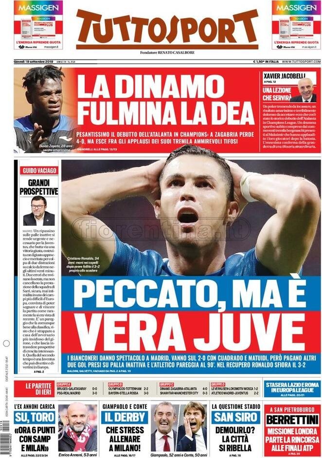 Quotidiani: la prima pagina di Qs, Stadio, Gazzetta, Corriere dello Sport, Tuttosport