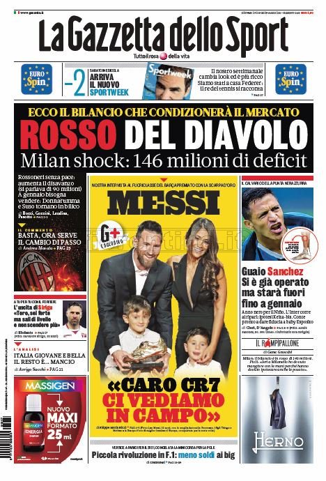 Quotidiani: la prima pagina di Gazzetta, Corriere dello Sport, Tuttosport in edicola