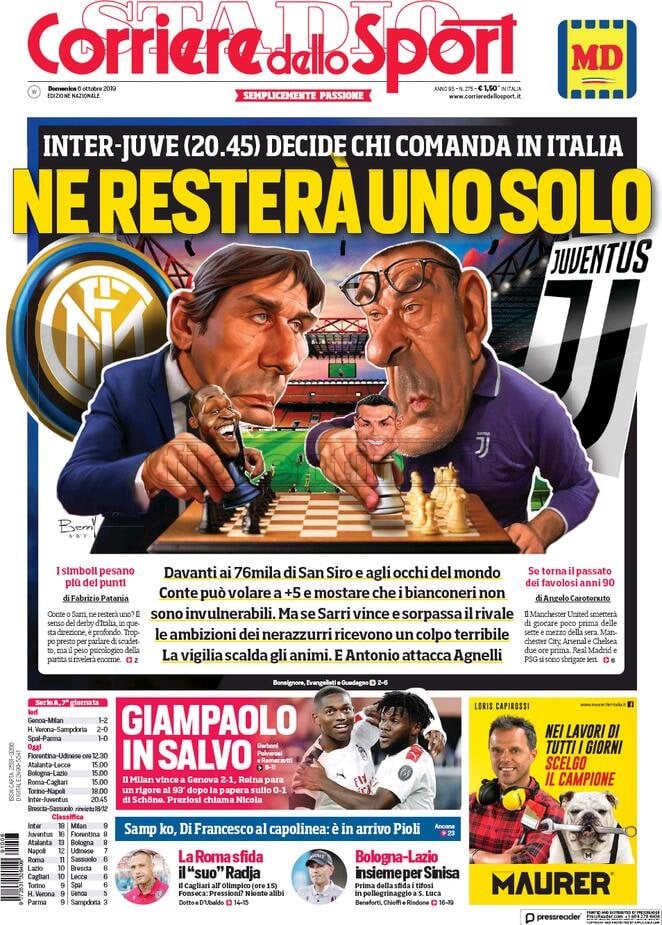 Quotidiani: la prima pagina di Qs, Stadio, Gazzetta, Corriere dello Sport, Tuttosport