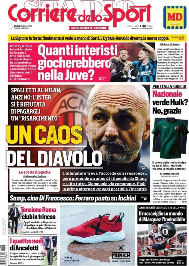 Quotidiani: la prima pagina di Qs, Stadio, Gazzetta, Corriere dello Sport, Tuttosport