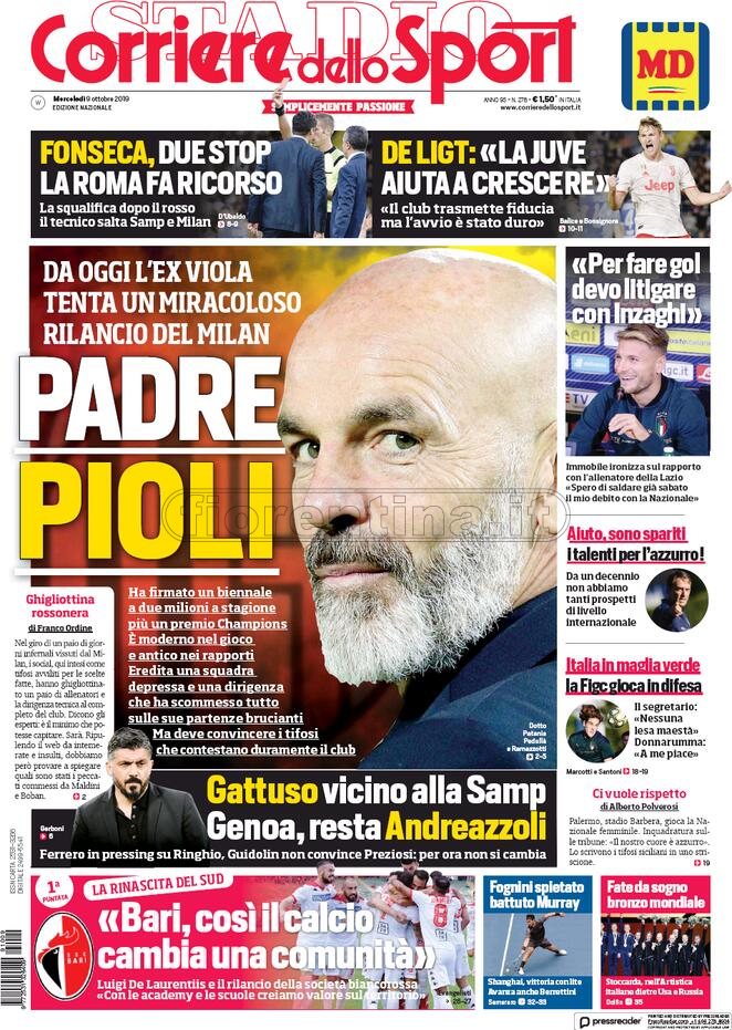 Quotidiani: la prima pagina di Qs, Stadio, Gazzetta, Corriere dello Sport, Tuttosport