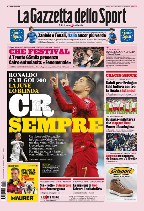 Quotidiani: la prima pagina di Gazzetta dello Sport, Corriere dello Sport, Tuttosport
