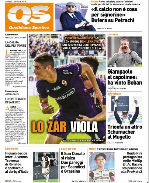Quotidiani: la prima pagina di Qs, Stadio, Gazzetta, Corriere dello Sport, Tuttosport