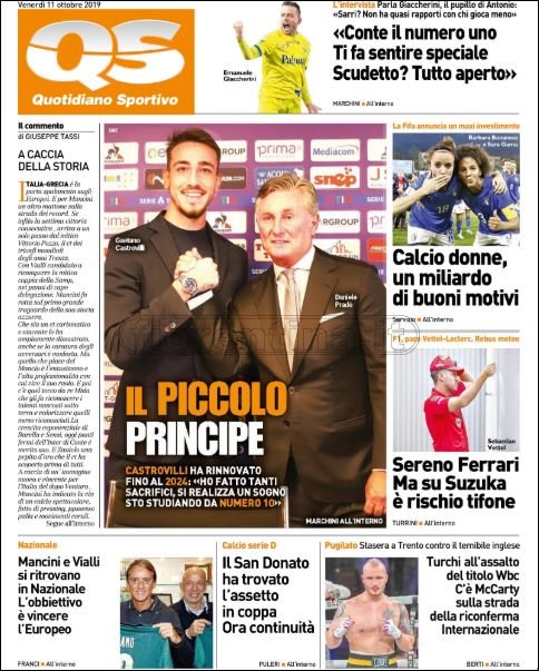 Quotidiani: la prima pagina di Qs, Stadio, Gazzetta, Corriere dello Sport, Tuttosport