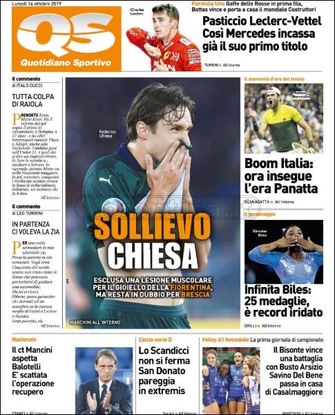 Quotidiani: la prima pagina di Qs, Stadio, Gazzetta, Corriere dello Sport, Tuttosport