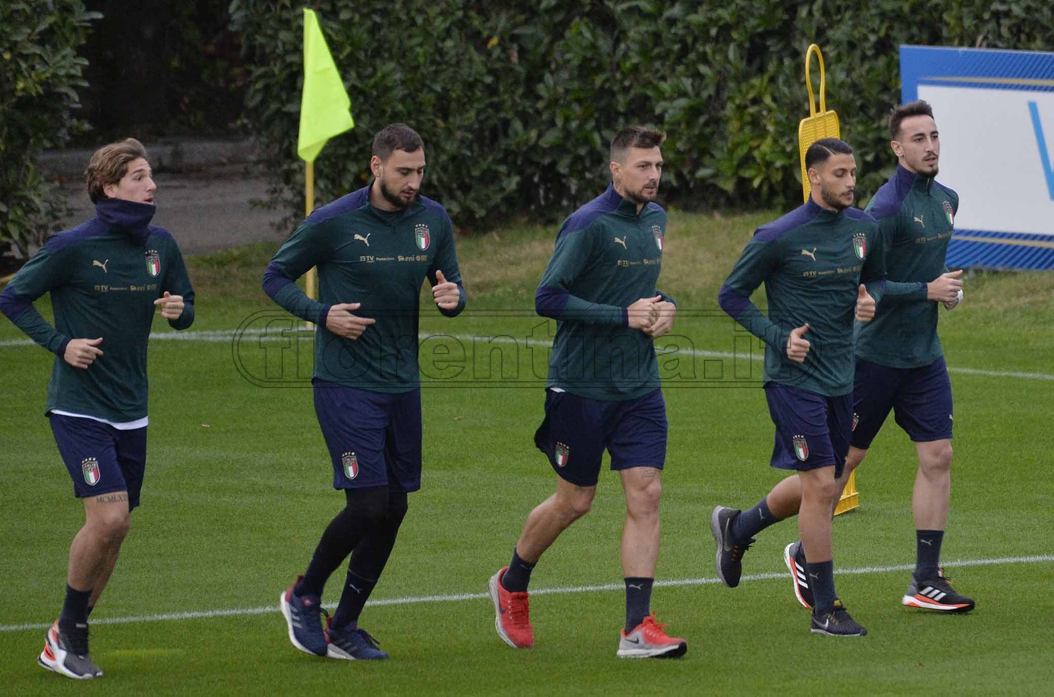 FIRENZE. COVERCIANO 11-11-2019 RITIRO DELLA NAZIONALE. GAETANO CASTROVILLI, ROLANDO MANDRAGORA, GIANLUIGI DONNARUMMA E NICOLO ZANIOLO. GALASSI SILVANO/SILPRESS