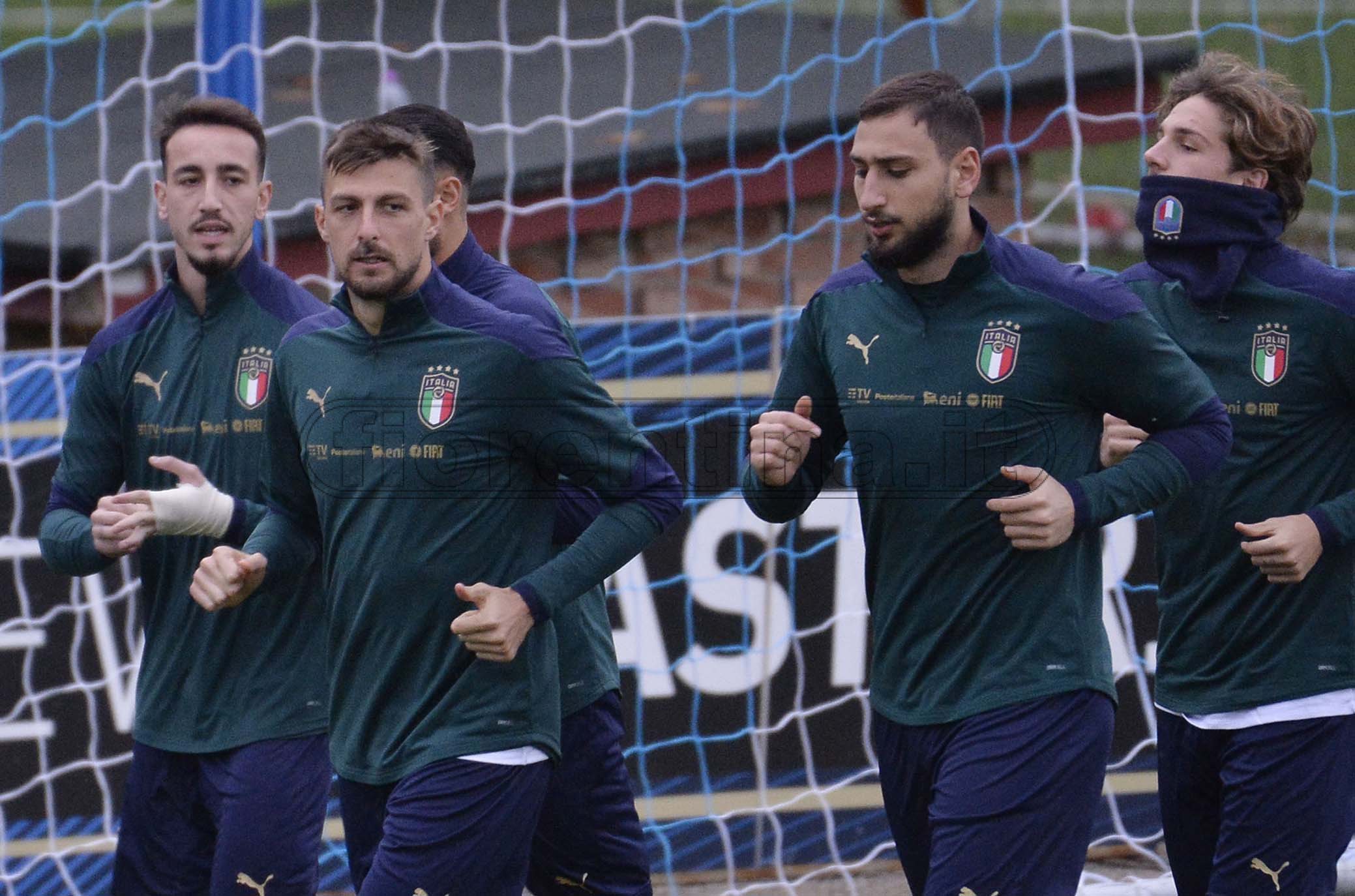 FIRENZE. COVERCIANO 11-11-2019 RITIRO DELLA NAZIONALE. GAETANO CASTROVILLI, ROLANDO MANDRAGORA, GIANLUIGI DONNARUMMA E NICOLO ZANIOLO. GALASSI SILVANO/SILPRESS